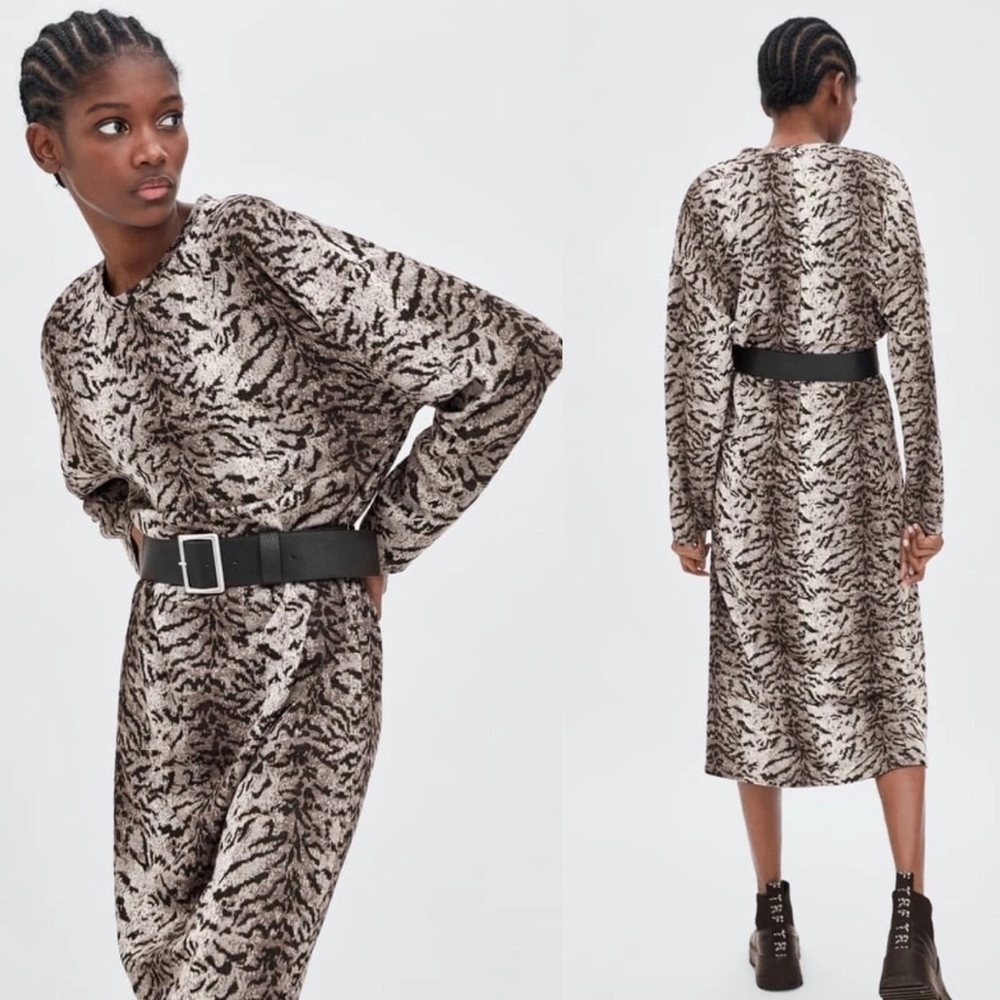 ZARA Animal Print Knit Round Neck Long Sleeve Midi Dress